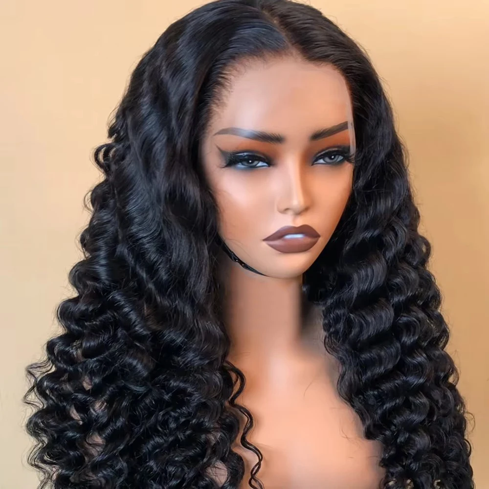 13x4 Deep Wave Lace Front Wigs Human Hair 200% Density 18 Inch Curly Human Hair Wig for Women Natural Black HD Transparent Lace