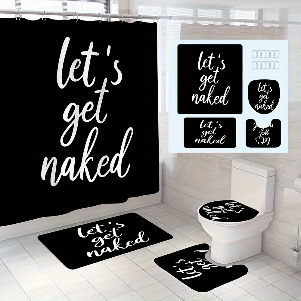 

4pcs White Letters And Black Cloth Decoration Shower Curtain Set Curtains, Waterproof Shower Curtain With 12 Hooks, Non-Slip Bat