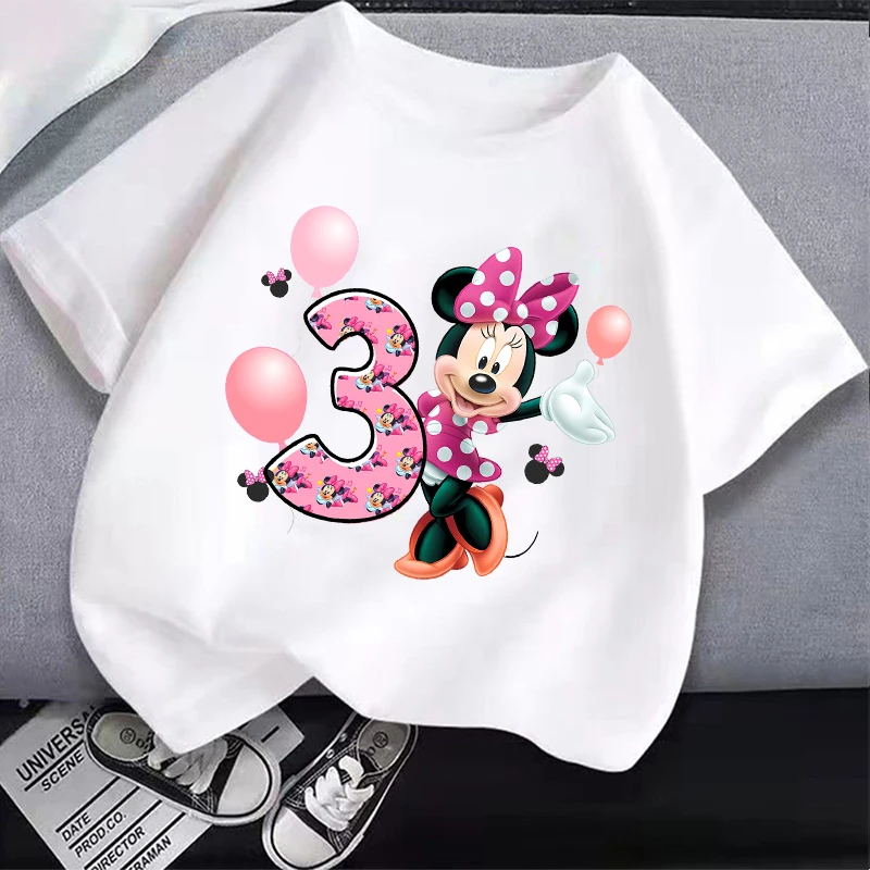 Minnie Mouse Children T-Shirt Birthday Number 1-9 Cute Anime Cartoon Clothes Kids Girls T Shirt Casual Tops Gifts Photo Prop