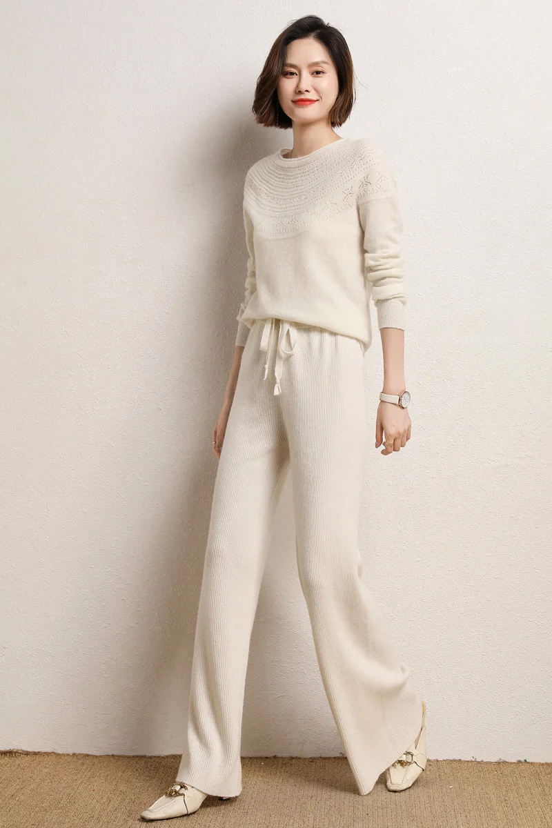 Autumn and winter new high-waisted loose wool knitted wide-leg trousers for women to wear straight leg wide-leg moped trousers