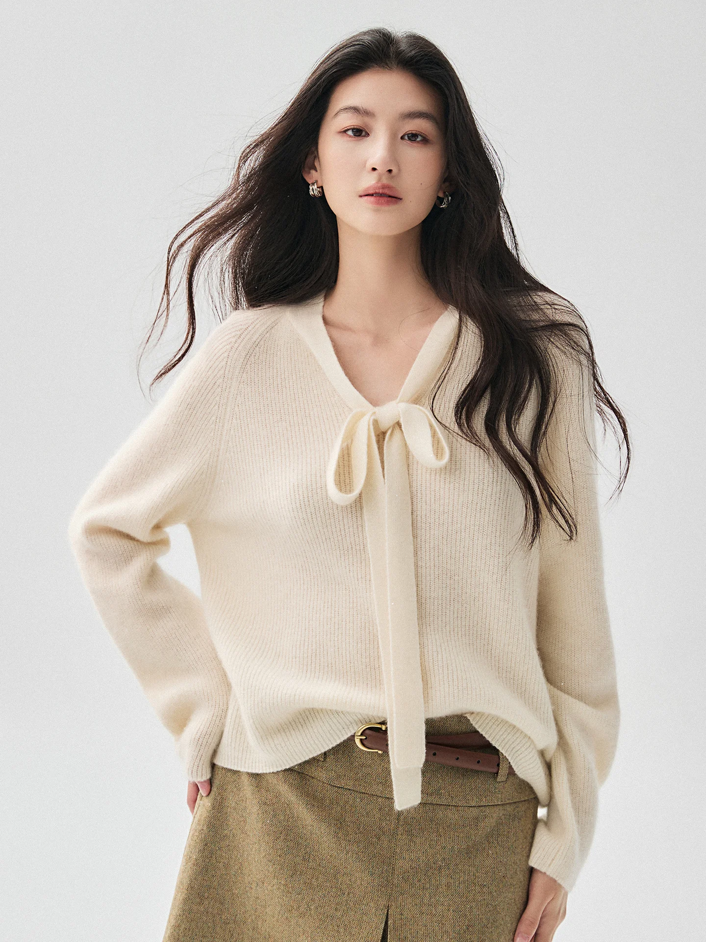 TLOML Women's 100% Cashmere Sweater Long Ribbon Solid Pullover Autumn Winter Cashmere Knitwear Office Lady Soft Warm Chic Tops