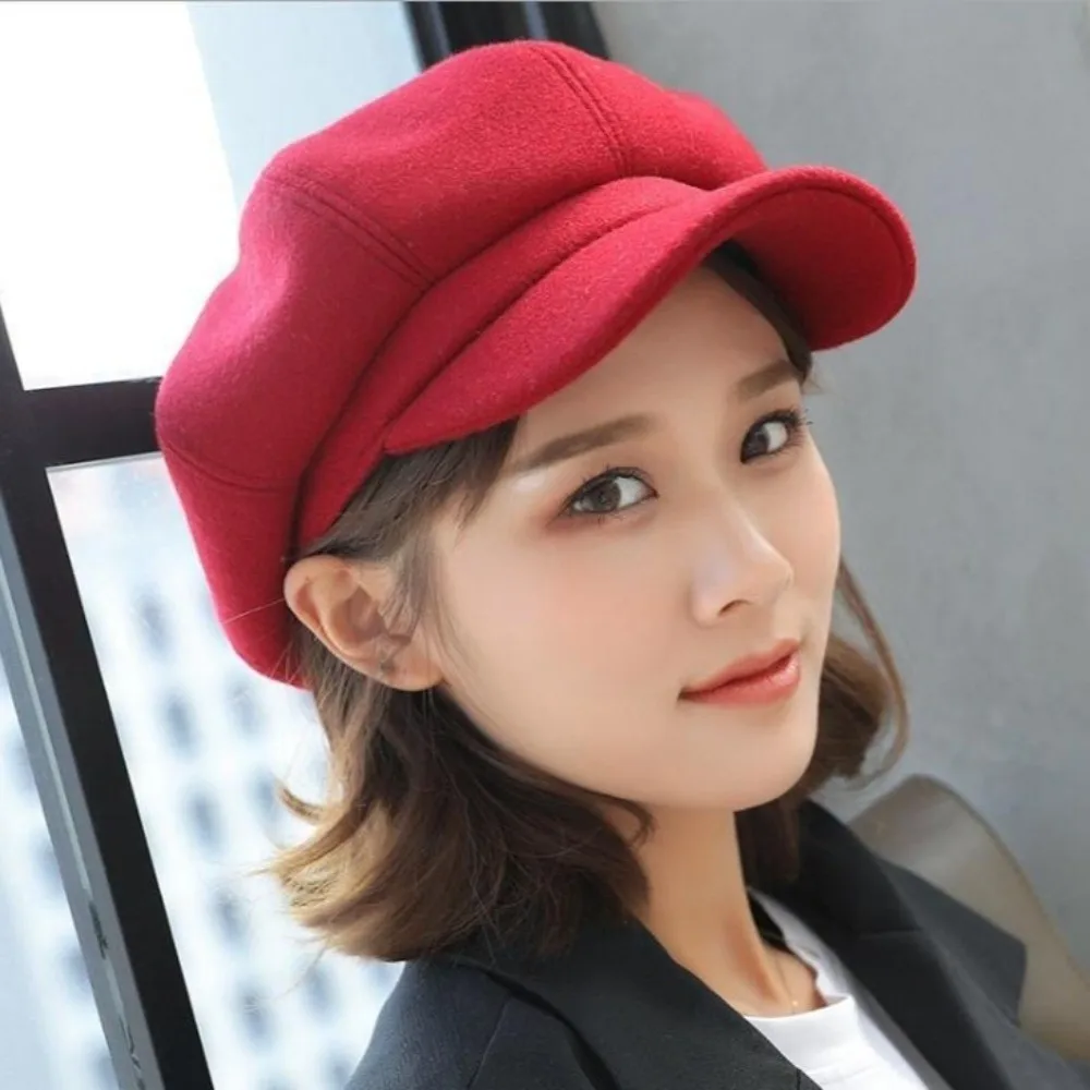 

Casual Solid Color Woolen Octagonal Hat Ear Protection Keep Warm Painter Caps Korean Style Thick Artist Hat Winter