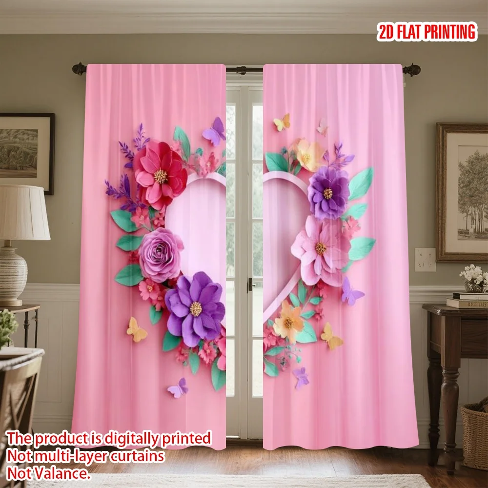 

2D flat printing 2pcs Curtain Scene Curtain Valentine Heart with Flowers Digital Printed Polyester Drapes Festive Holiday Use