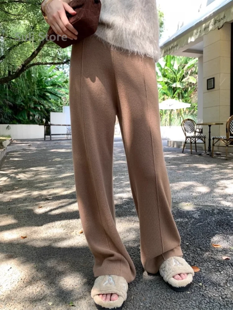 

Idle Style High Waist Slit Knitted Casual Pants Wide-Leg Pants for Women Baggy Straight Trousers New y2k pants