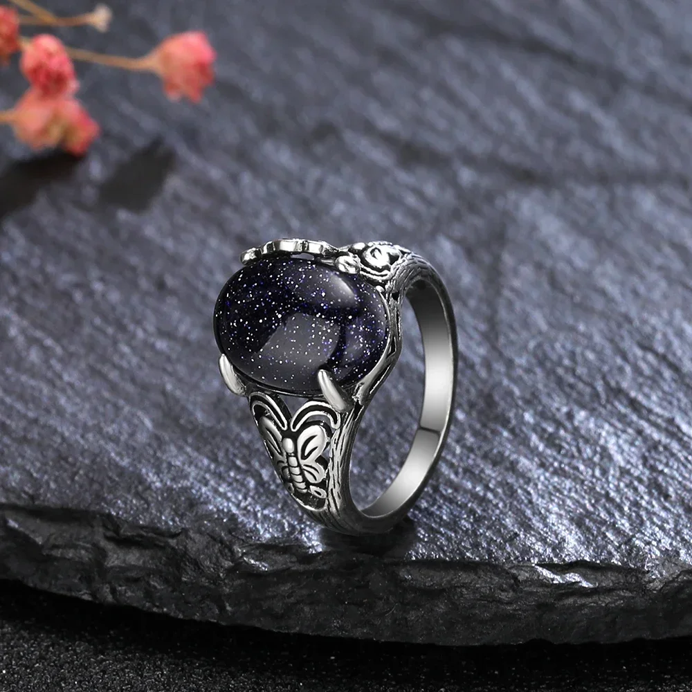 

Vintage Butterfly 10*14MM Blue Sandstone Ring Oval Cut Antique Silver Tone Boho Statement Ring for Women Girl Friendship Gifts