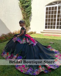 Luxury Cute Mexi Black Flower Girls Dress Embroidery Princess Ball Gown Pearls Crystals Beads Child Birthday Party Customized