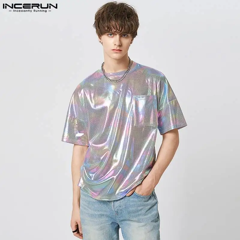 INCERUN-Camiseta de manga corta para hombre, camisa informal con cuello redondo brillante, holgada, con bolsillos, a la moda, para fiesta, para