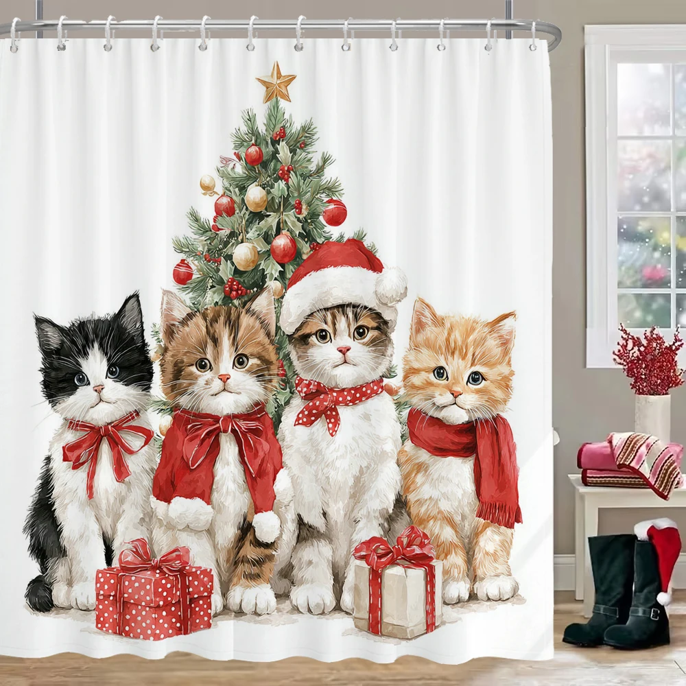 

Merry Christmas Shower Curtain, Bathroom Decorative Cartoon cat and dog Christmas Shower Curtain, Shower Curtain with Hooks