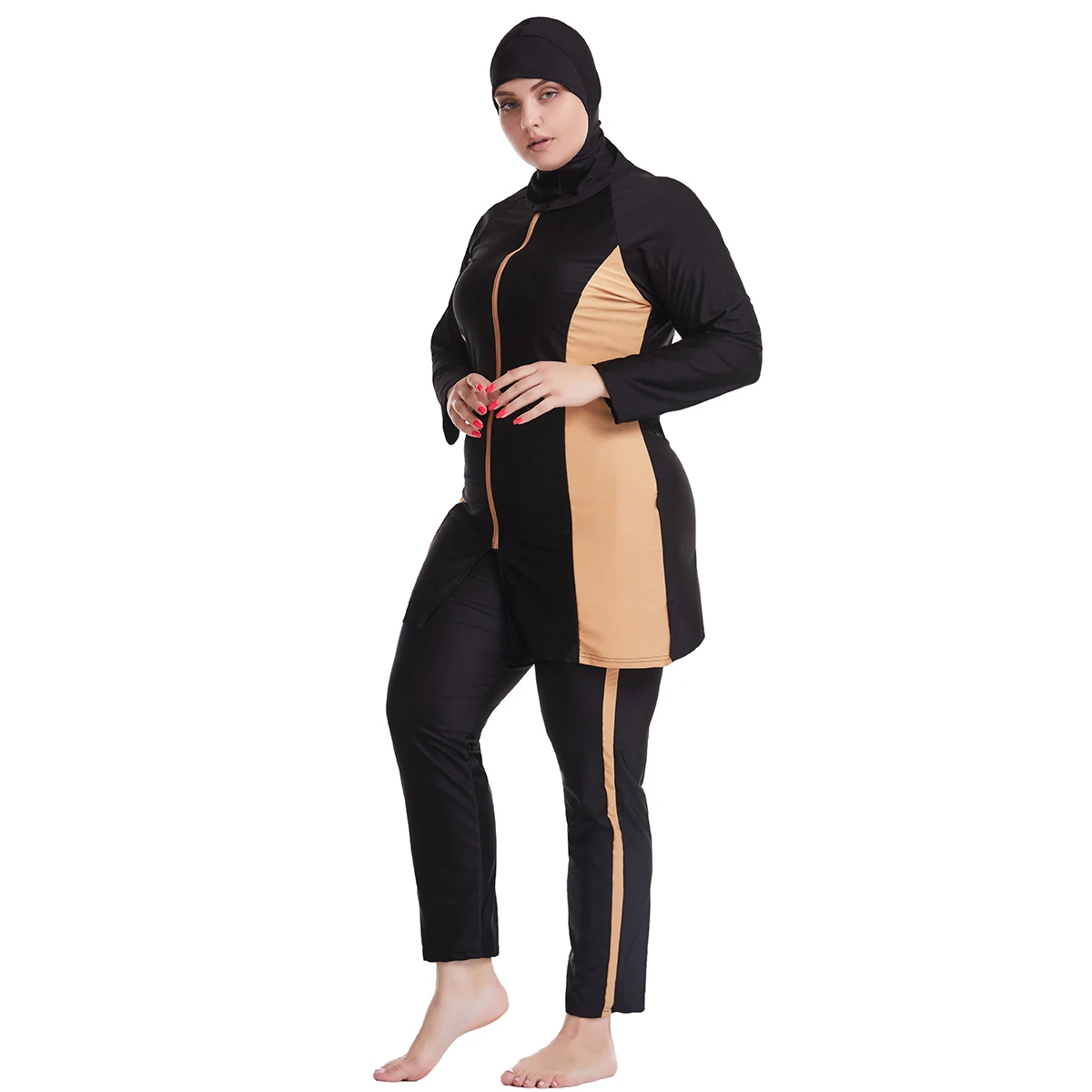 XL-6XL Muslim Lady Color-matching Long Sleeves Round Collar Zip Modest Swimming Clothing Arab Women 3 PCS Full Cover Swimsuits