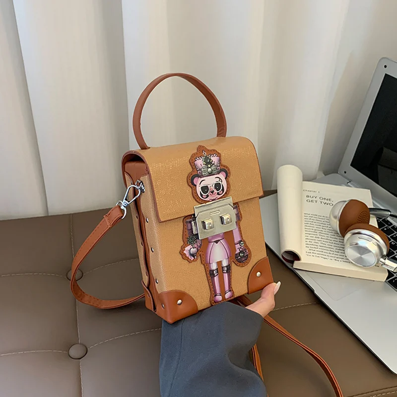 

Light Luxury Women Box Bag Personal Vertical Square Bag Fashion Cartoon Print Shoulder Bags Exquisite Elegant Compact Phone Bags