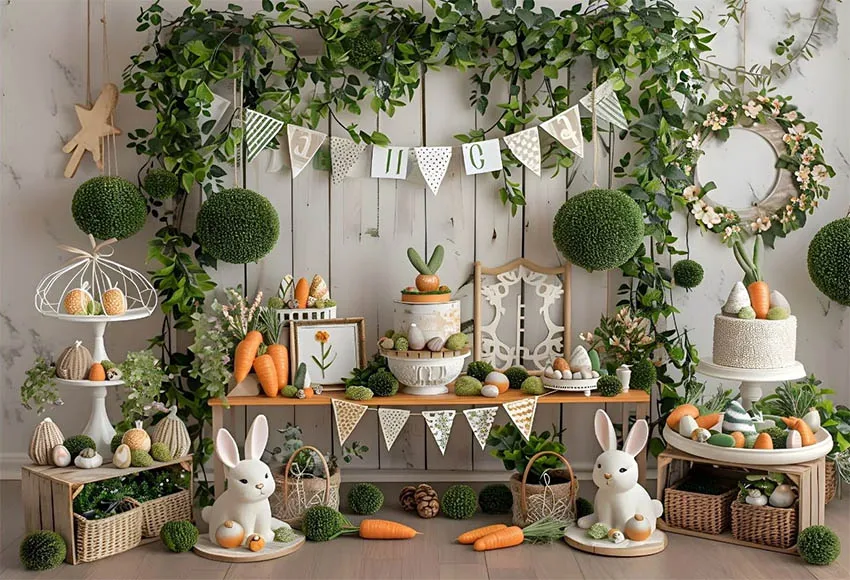 Mehofond Spring Easter Day Backdrop Photography Rabbit Green Grass Decor Baby Shower Portrait Carrots Flower Background Props