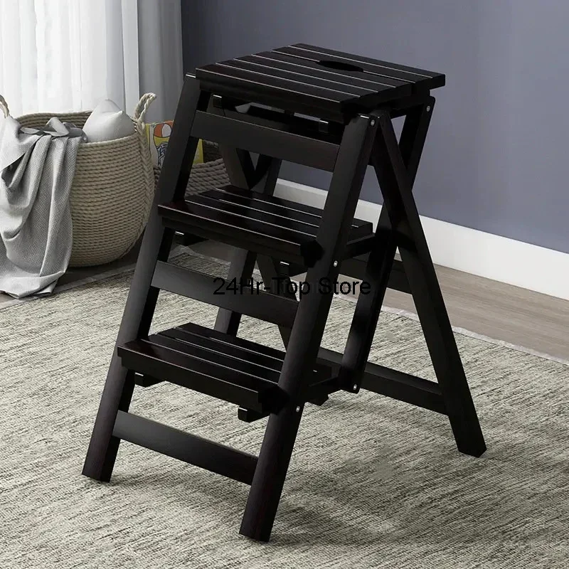 

Solid Wood Step Ladders Folding Home High Stool Kitchen Ladder Multi-functional Stool Thickened Indoor Dual-purpose Ladder H