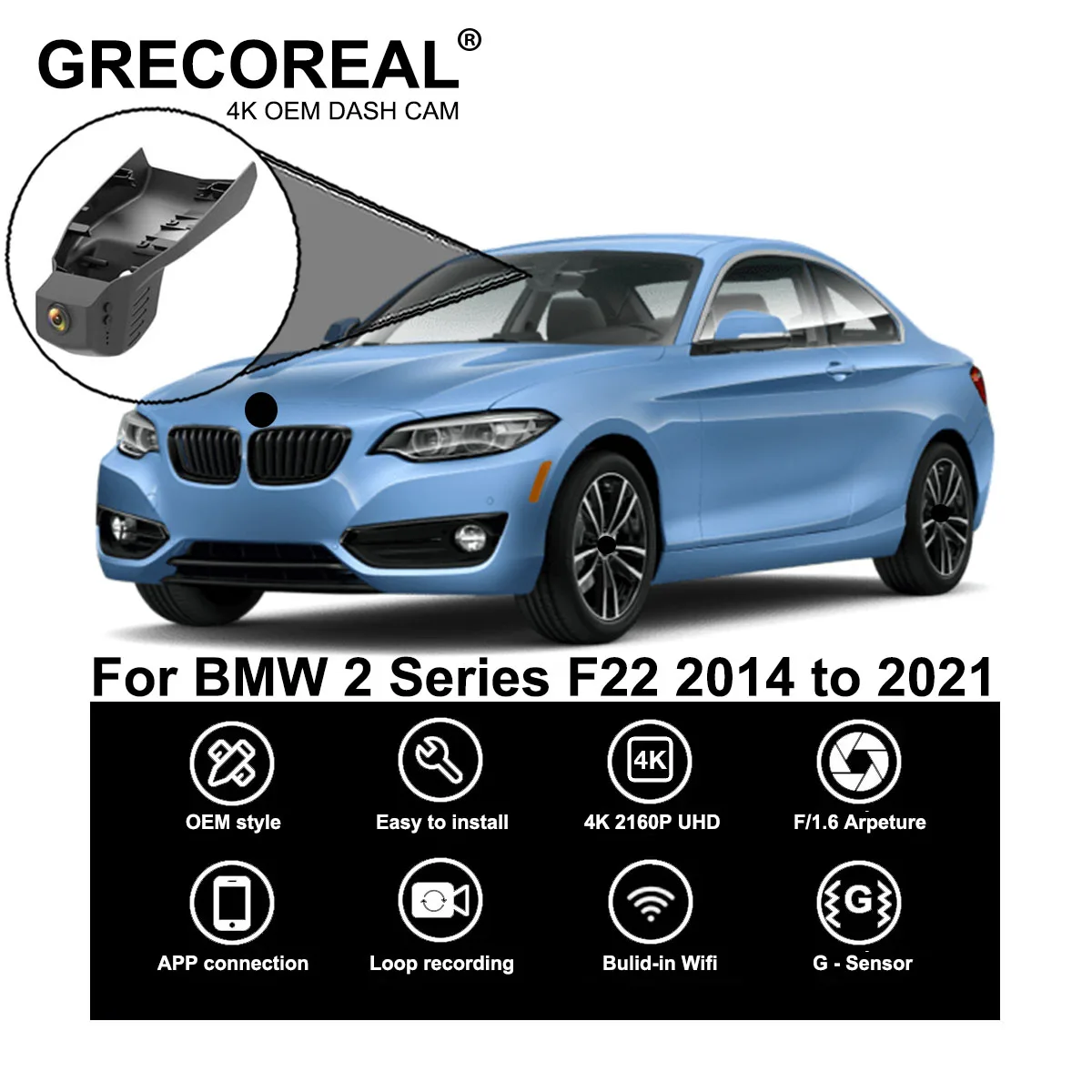 

GRECOREAL 4K Dash Cam Front and Rear 2160P WiFi Car Dual Dashcam APP Control Plug Play Compatible with BMW 2 Series F22 F23
