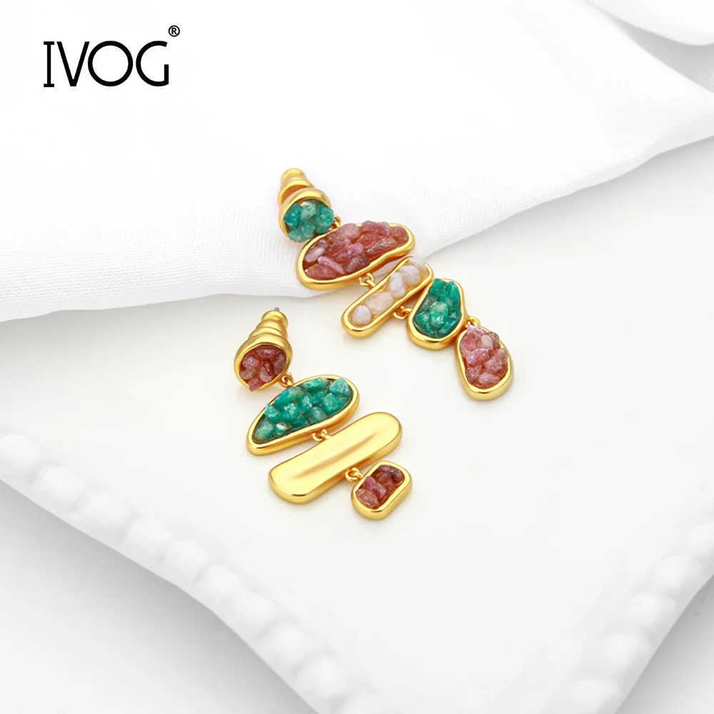 IVOG Luxus Asymmetrische Farbe Steine Tropfen Ohrringe Unregelmäßige Natürliche Halbedelsteine Mode Schmuck Messing Für Frauen Geschenk