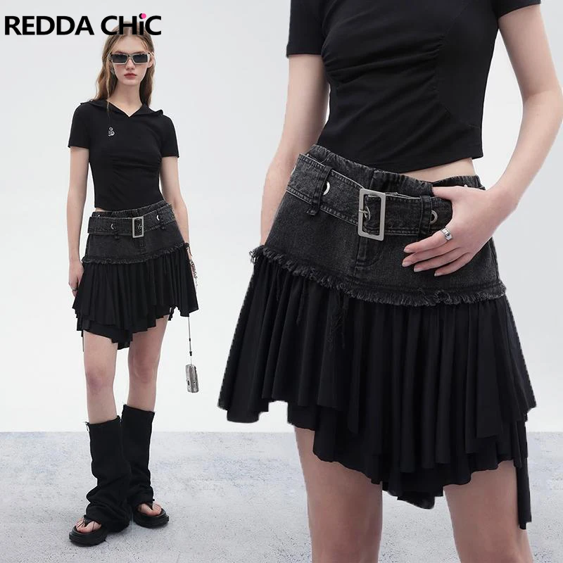 

ReddaChic Cyberpunk Low Rise Ruffle Skirt Splicing Black Jean Denim Skirt Mini Short Bottoms Grayu Harajuku Y2k Grunge Clothes