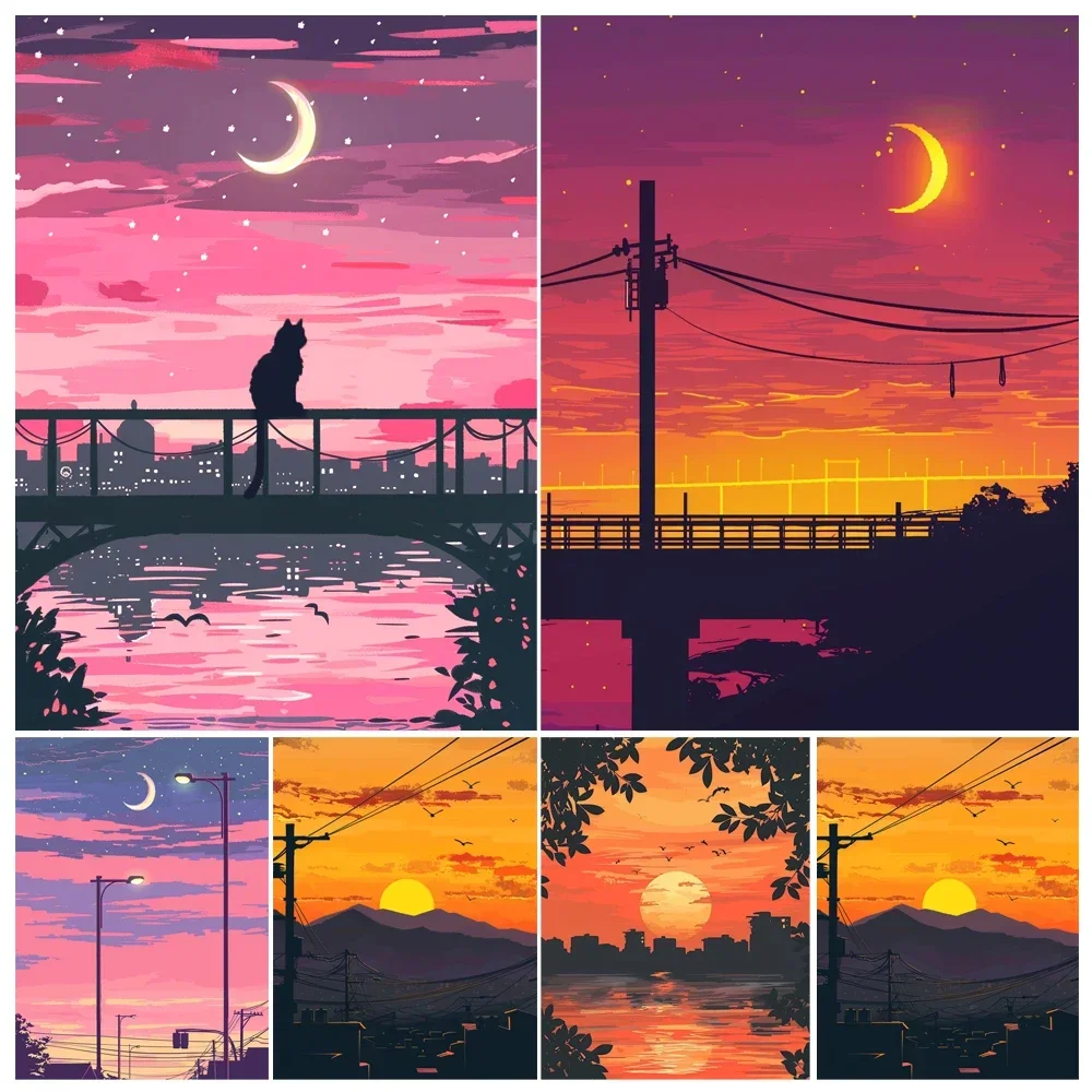 

589945 Painting By Numbers Dusk And Sunset Pink Sky Landscape Adult DIY Kit Acrylic Paint Canva Artwork Gift Home Decorate