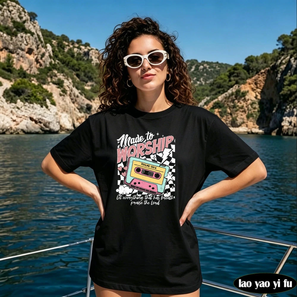 Retro Made To Worship Cassette Tape Print T-shirt Women Checkered Star Psalm Bible Verse Graphic Tee Soft Cotton T Shirt