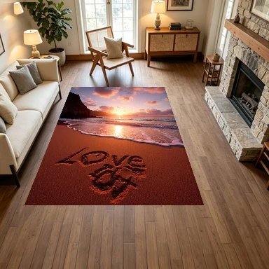 Sunset Beach Seashore LOVE Word Sand Writing Carpet Flooring, Ocean Landscape Non-Slip Floor Rug for Living Room Bedroom Home Decoration