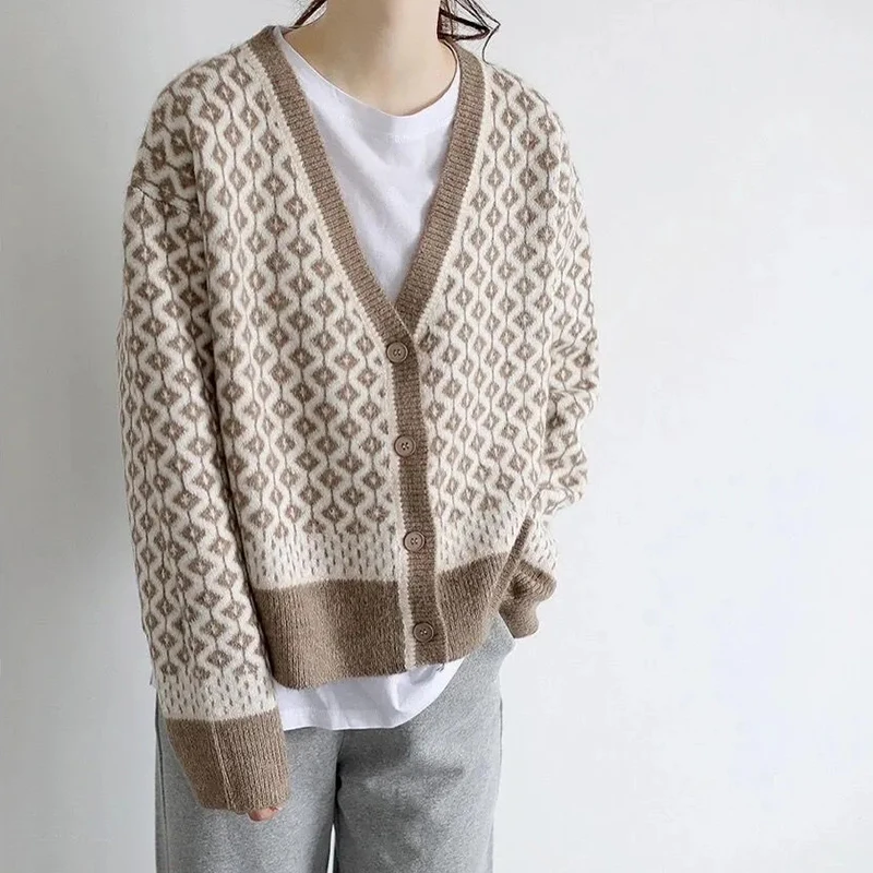 Spring Autumn New Retro Color Contrast Knit Cardigan V-Neck Loose-Fitting Cardigan Jacket Casual Fashion Women Knitted Sweater