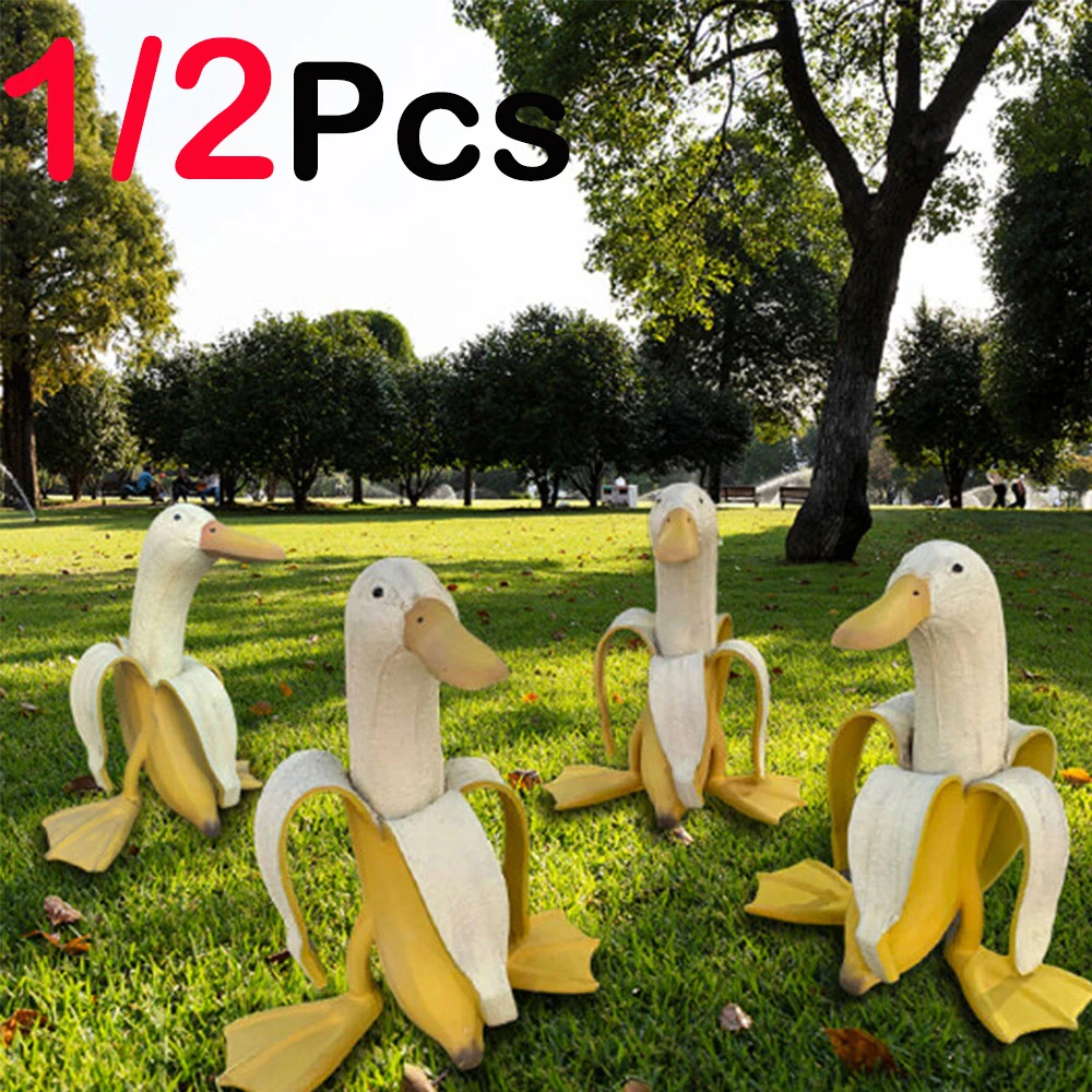 1/2Pcs Garden Creative Statue Banana Duck Statue Yard Art Peeled Banana Figurine For Outdoor Garden Home Desktop Ornaments