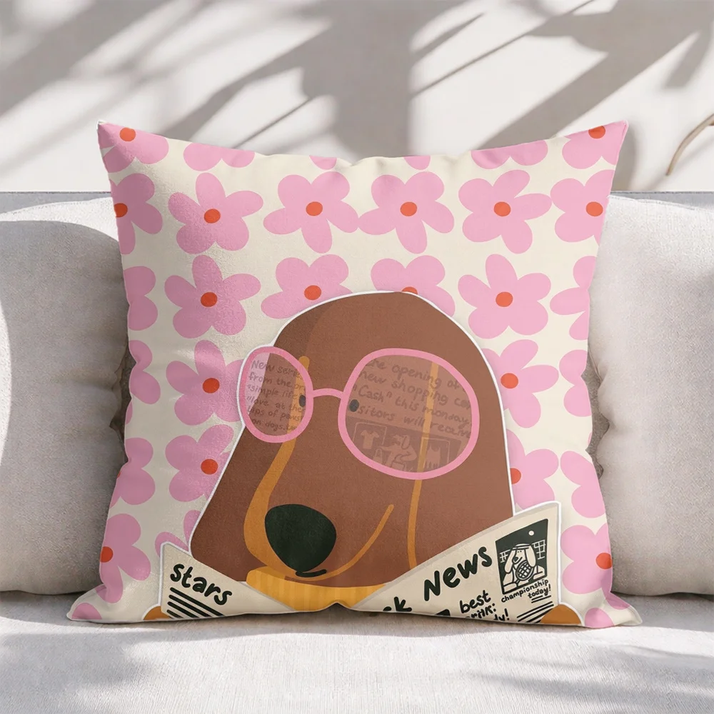 1pc Retro Pop Art Floral Pillowcase, Sausage Dog Reading Newspaper Plant Theme Pattern | Polyester Material, Zipper Closure, Suitable for Living Room And Bedroom, Machine Washable, Pillow Insert Not Included