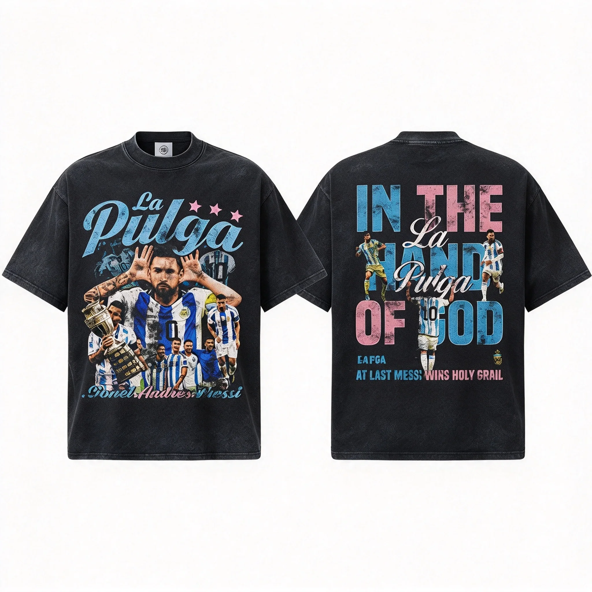2026 Messi La Pulga Football Champion Portrait T Shirt Front Back Double Print Crew Neck Tee Oversized Men Women