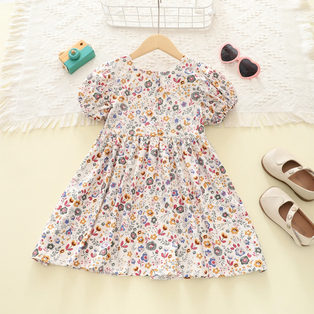 Summer Girls' Country-style printed Princess Dress Square-neck Puffed Sleeve Floral Print Dress Children's Clothing