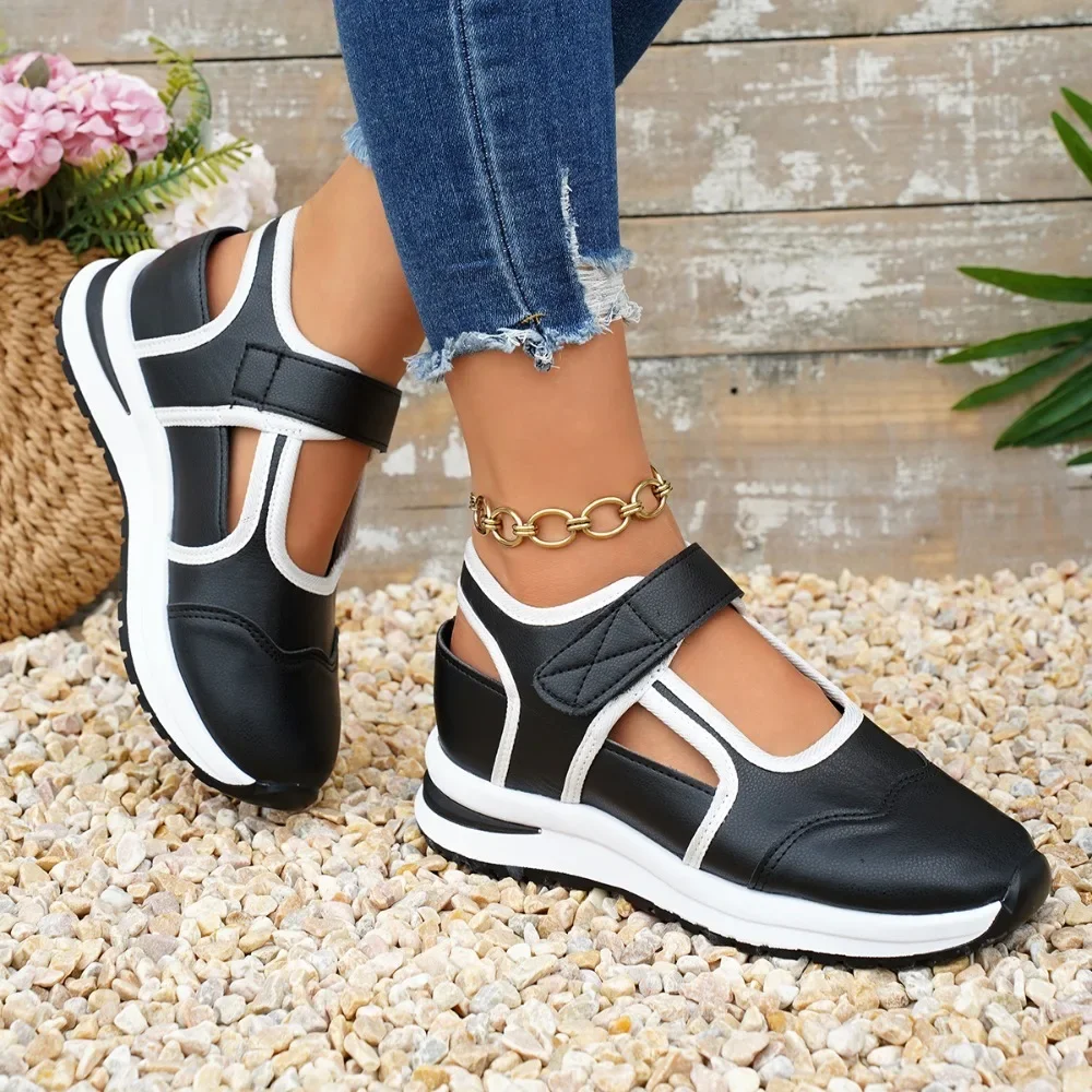 Women's Closed Toe Hollow Out Platform Sneakers, Contrast Trim Ankle Strap Wedge Sandals, Hook & Loop Summer Walking Shoes