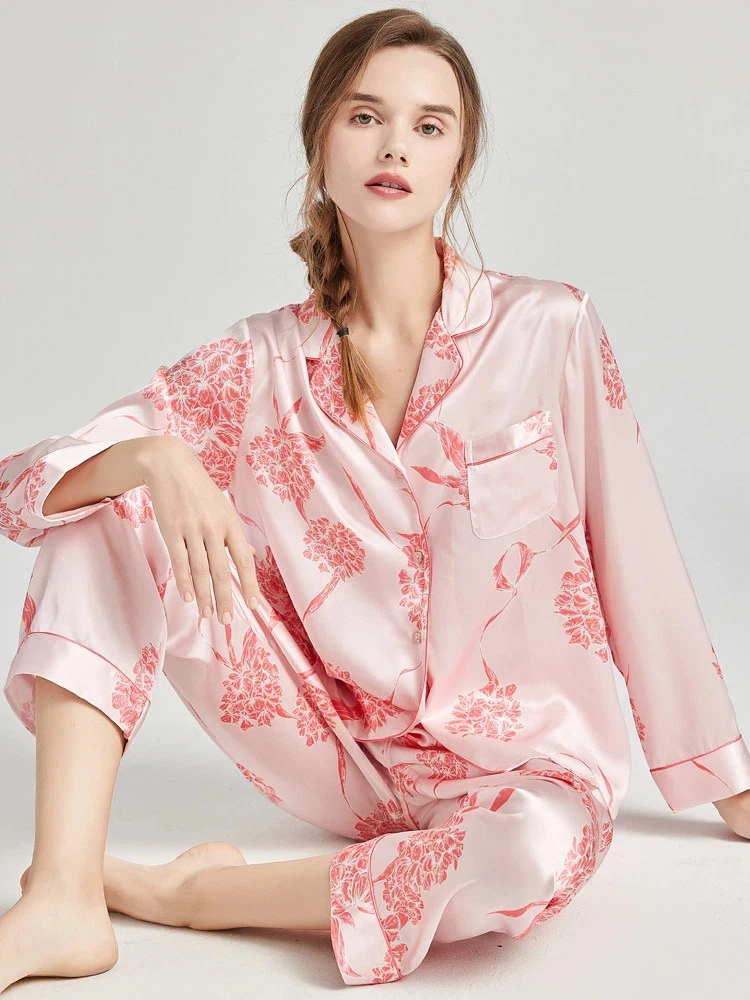 Heavyweight 100% Mulberry Silk Women's Pajamas Spring Sleepwear Long Sleeves Pajama Set Buttons Lapel Top With Elastic Pants PJS