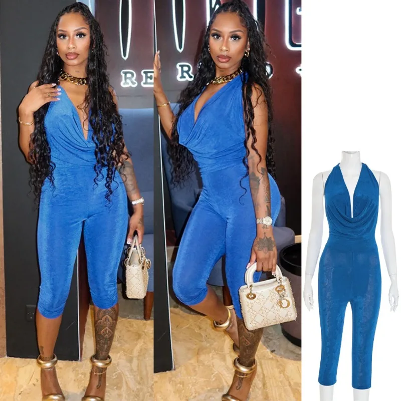 

FAGADOER Sexy Ruched Patchwork Bodycon Jumpsuit Women Deep V-neck Sleeveless Backless Romper Fashion Female Streetwear Overalls