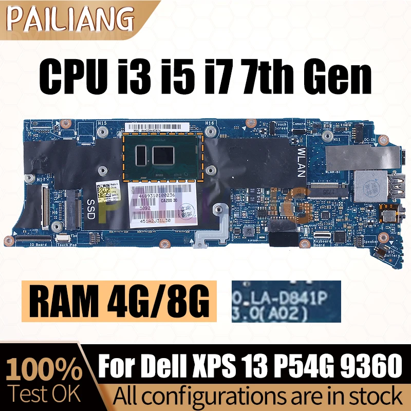 

LA-D841P 4G/8G/16G For Dell XPS 13 P54G 9360 Laptop Motherboard CAZ00 LA-D841P I3 I5 I7-7th Gen Notebook Mainboard Full Tested