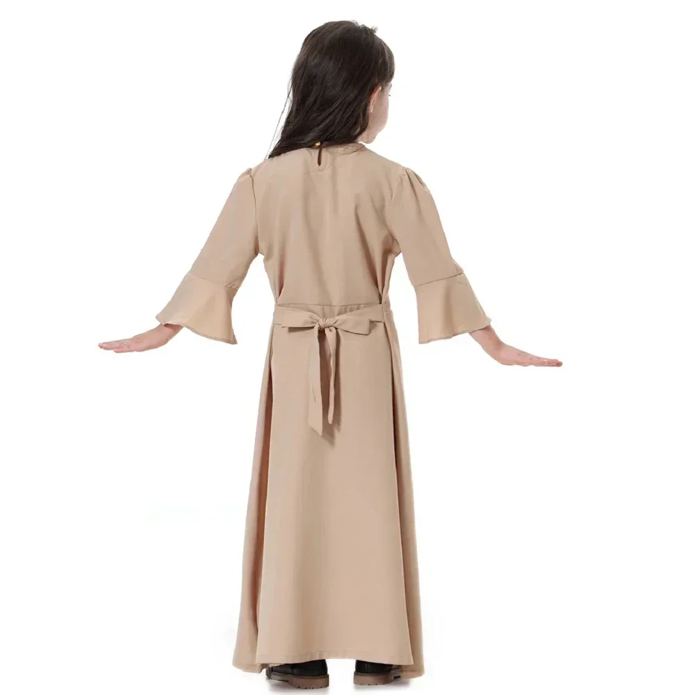 Cute Muslim Girl Prayer Dress Spring Long Sleeve Kids Abaya Kaftan Tobey Saudi Jabba Robe Southeast Children Applique Maxi Dress