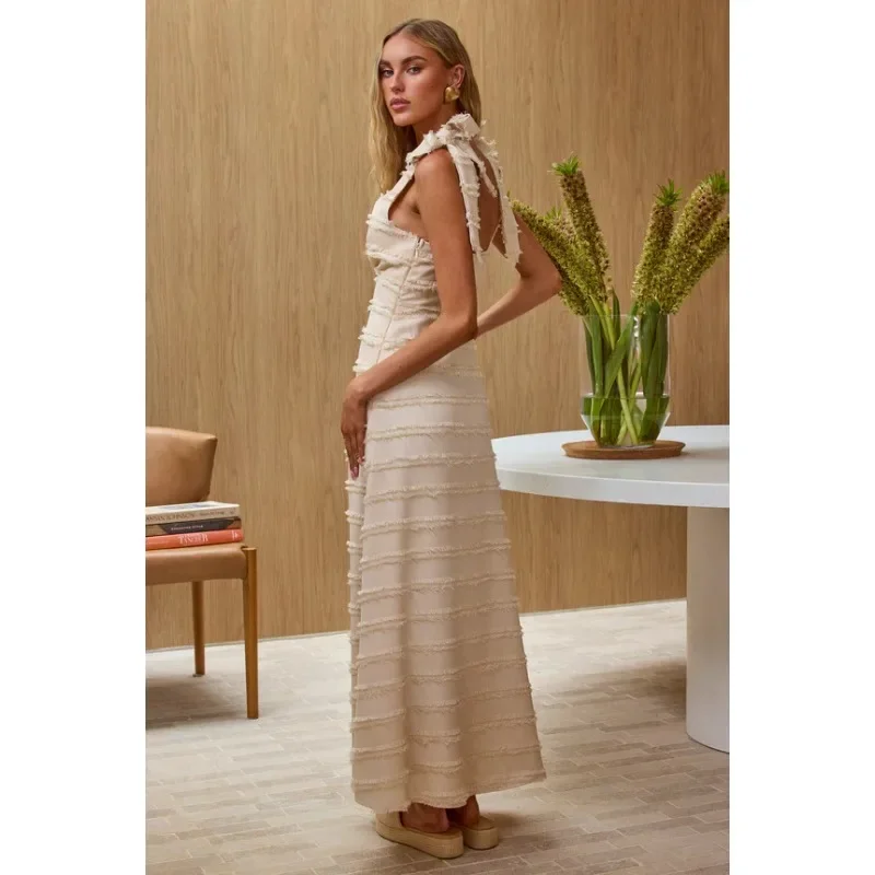 Aラインエンパイアウエスト エレガントヴィンテージ ジェントルフォーマル テクスチャードレス レディース 2025 夏 結婚式 ゲスト Vネック ノースリーブ ロング マキシ