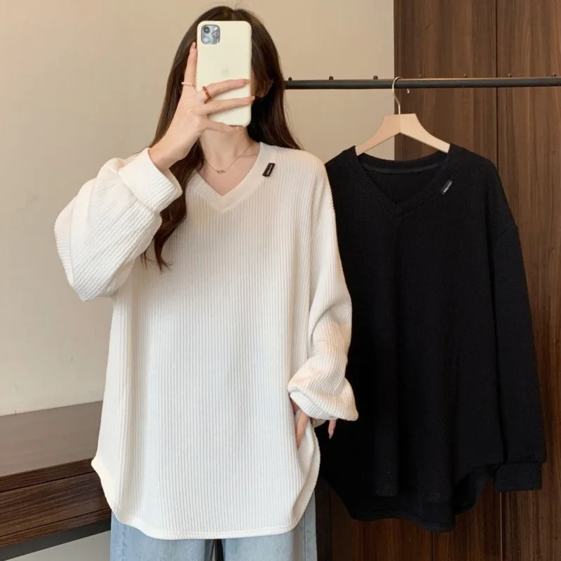 V-neck Tops Long Sleeve Hoodies Casual Loose Pit Striped Women's Casual Bottoming Sweatshirt Solid Bottoming Clothes