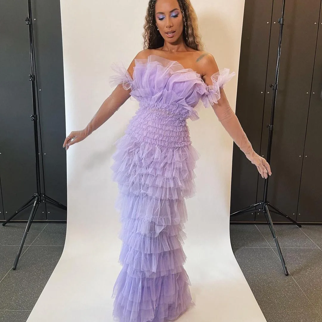 Pretty Pleated Ruffled Tulle Dresses For Women Lavender Strapless Tiered Lush Mesh Long Party Dresses Without Glove