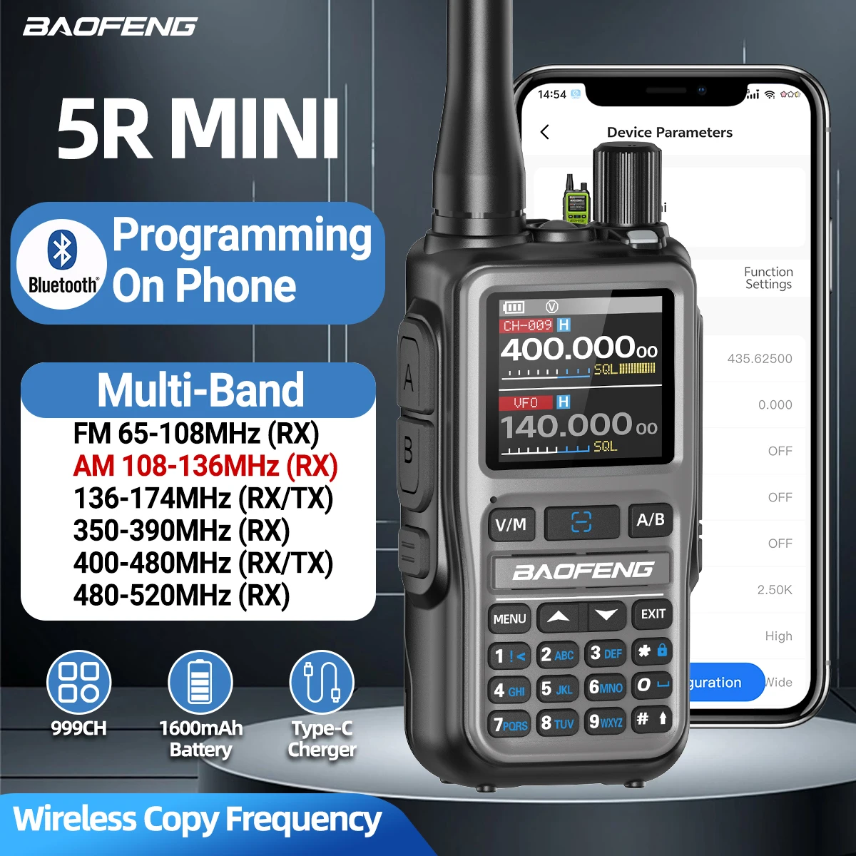 Baofeng UV-5R Mini Walkie Talkie Bluetooth Programming Wireless Copy Frequency Full Band 999CH AM FM Type-C Long Range Ham Radio