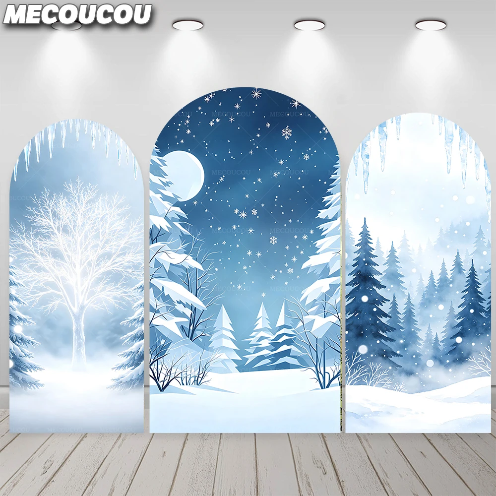 Winter Snow Scenery Arch Backdrop Cover Frozen Mountains Kids Princess Birthday Party Decor Ice World Blue Background Custom