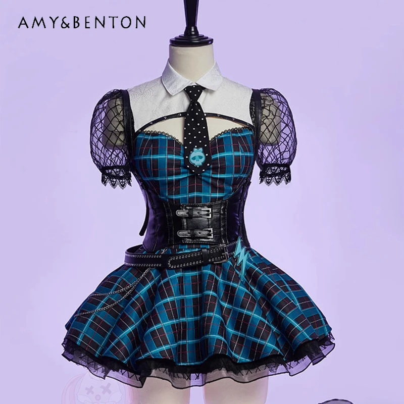 

Original Design Blue Plaid Lace Splicing Hollow Out Women's Dress New Halloween Sweet Cool Cute Puff Sleeve Short Dresses Girl