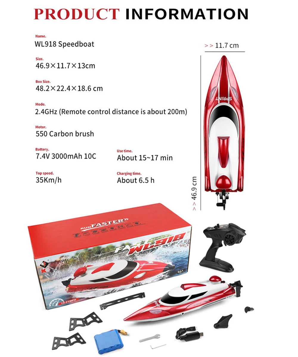 Wltoys WL918 RC barco de carreras de alta velocidad 35 KM/H lancha LED a escala completa 200M 3000AmAh batería 2,4 Ghz lancha rápida RC