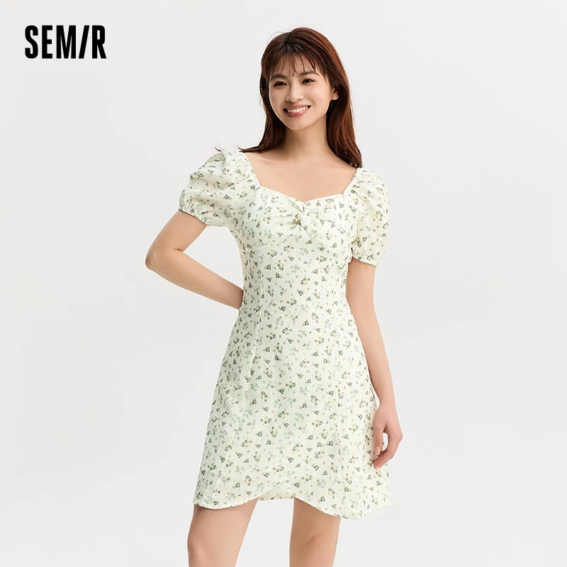 Semir Dress Women Textured Chiffon Romantic Mori Gentle Wind Summer Square Neck Irregular Floral Dress Small Fresh