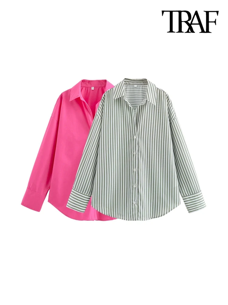 TRAF-Oversized Basic Poplin Shirts for Women, Long Sleeve, Button-up, Loose, Female Blouses, Chic Tops, Fashion