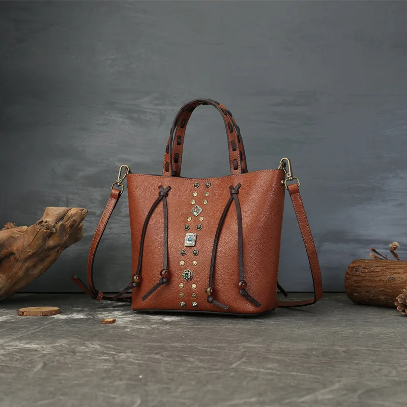 

2 Way Carry Handcrafted Ethnic Style with Rivet Tassel Decor Convertible Shoulder Crossbody Purse Vintage Cow Leather Totes Bags