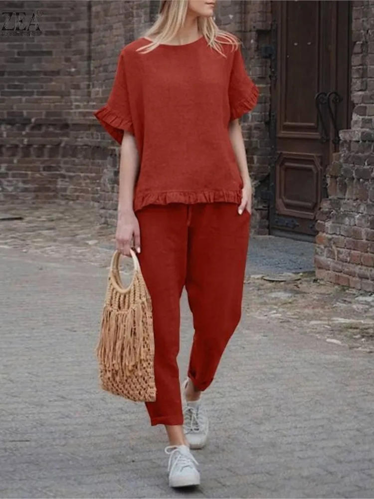 

Spring Summer Fashion Casual Cotton Linen Loose Two Piece Sets For Women O-neck Top + Lace-up Pants Sets Office Lady 2 Piece Set