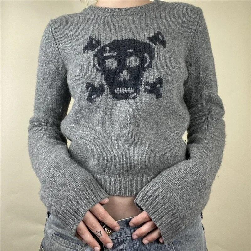 Skull Sweater y2k Aesthetic Fairy Grunge Clothes Women Gray Long Sleeve Crop Top 2000s Punk Gothic Pullover Streetwear