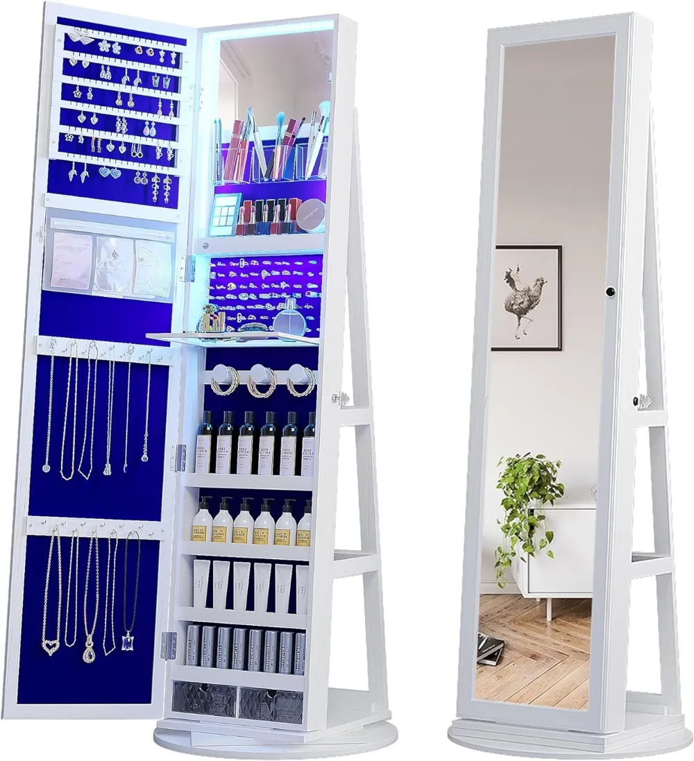 

OUTDOOR DOIT 360° Rotating Jewelry Armoire with Lockable,Full Length Mirror Large Capacity 3 Color Dimmable Jewelry Organizer