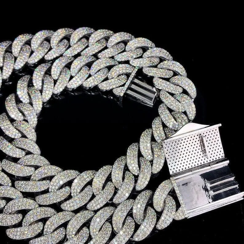 Jewels D'VINS White 25mm Moissanite 925 Sterling Silver Iced Prong Cuban Link Chain Necklace for Hip Hop Street Fashion.