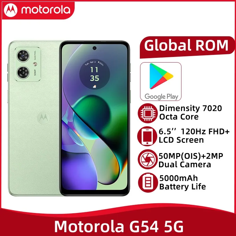 Мобильный телефон Lenovo Motorola Moto G54 5G, 8 ГБ, 128 ГБ, 6,5 дюйма, 120 Гц, ЖК-экран, 50 МП, OIS-камера, 5000 мАч, размер батареи 7020
