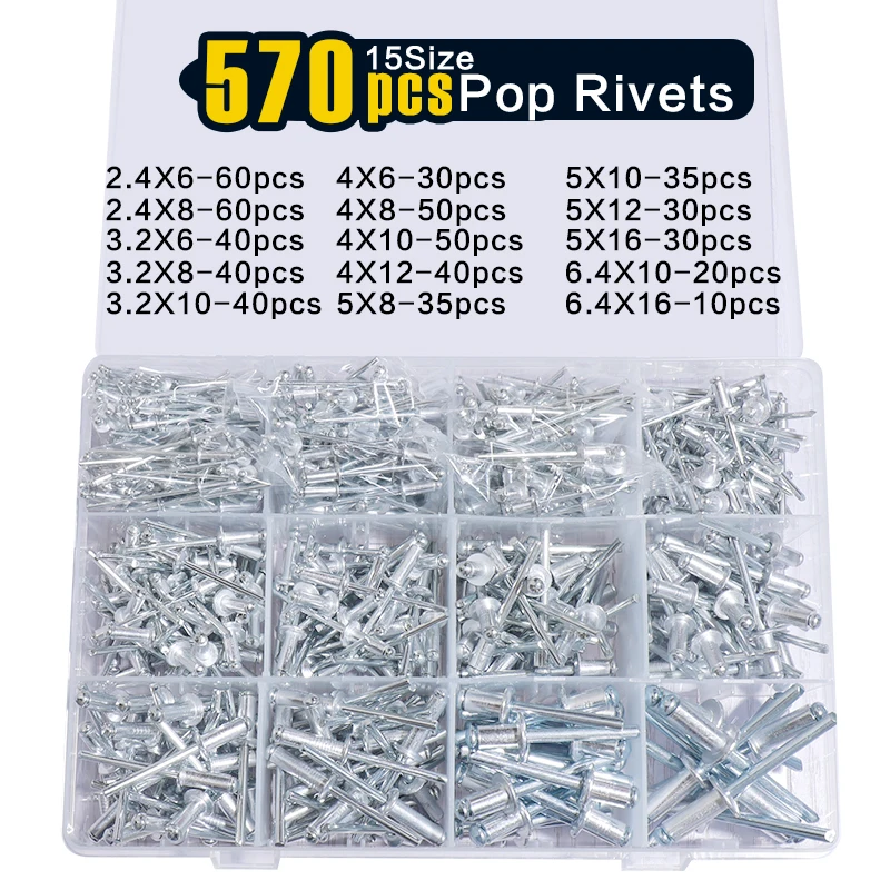 570 PCS Rivets, 15 Size Aluminum Pop Rivets Assortment Kit, Silver Pop Rivet Set including 3/32