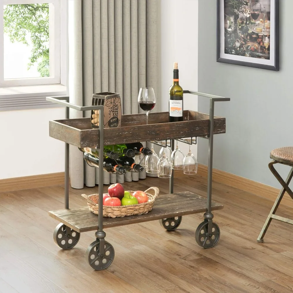 

Factory Row Industrial Farmhouse Bar Kitchen & Coffee Service Cart with Wine Rack, Wheels & Handles, Old Black