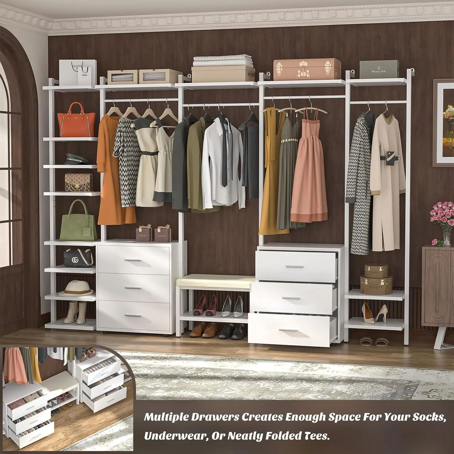 8FT Closet Systems with 6 Drawers Wood Closet with Storage for Walk In Closets Clothing Rack Wardrobe Closet Garment Rack